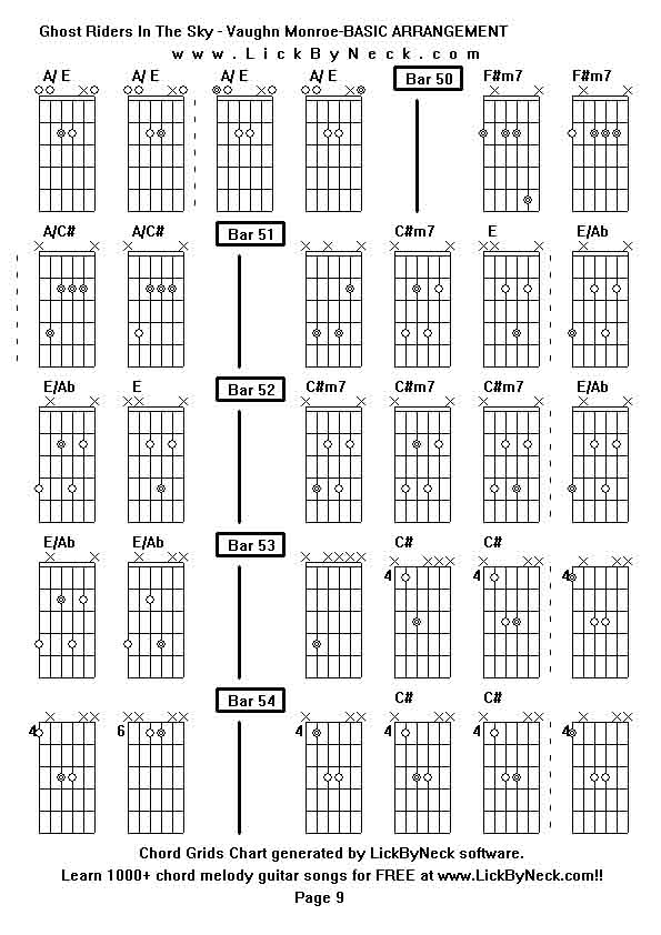 Chord Grids Chart of chord melody fingerstyle guitar song-Ghost Riders In The Sky - Vaughn Monroe-BASIC ARRANGEMENT,generated by LickByNeck software.